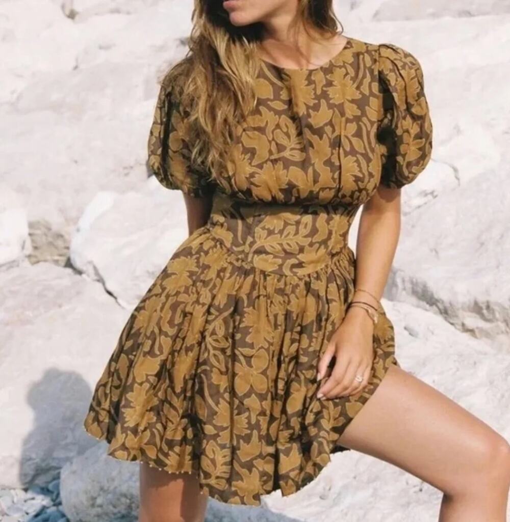Hansen & Gretel Harmony Puffy Sleeve Mini Dress Cocoa Brown Leaf XL